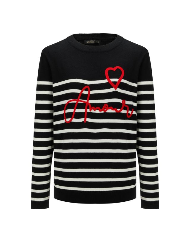 BACHATA - Maglia manica lunga nera a righe bianche con scritta Amour
