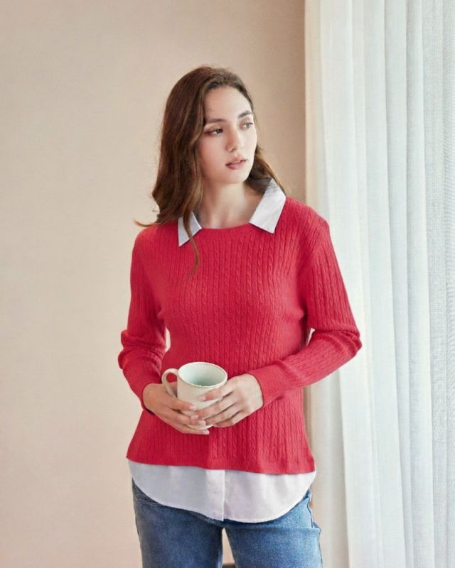 BACHATA - Maglia manica lunga rossa con finta camicia  bianca da donna