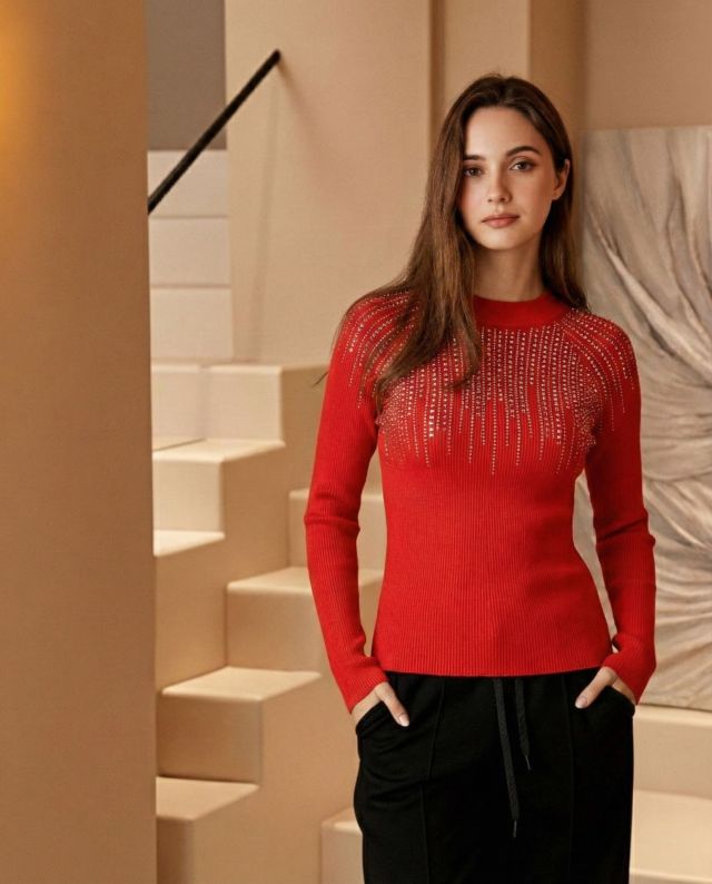 BACHATA - Maglia manica lunga rossa F12 con strass silver