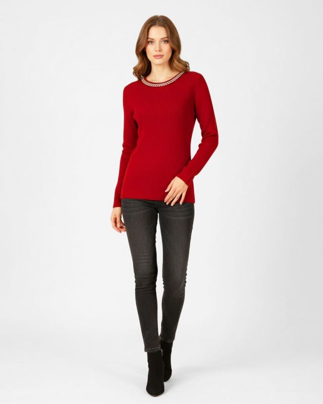BACHATA - MAGLIA ROSSA CON DETTAGLIO CATENA CON STRASS SUL COLLO