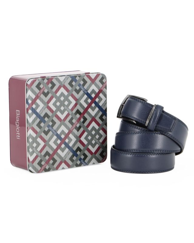 BIAGIOTTI - Cinta blu con fodera in VERA PELLE e box regalo