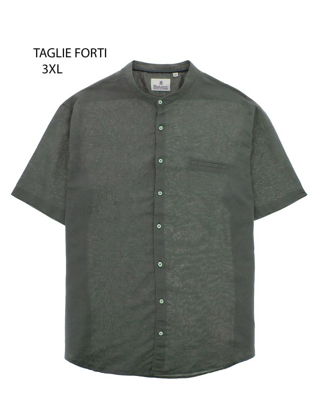 BLUE LEMON - Camicia over manica corta verde militare con collo coreano in lino