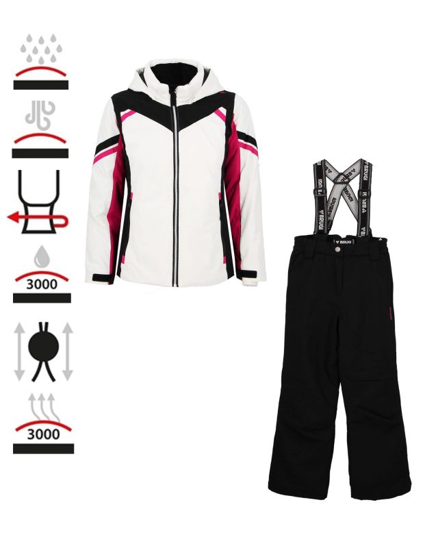 BRUGI - Completo da sci bambina bianco e fuchsia impermeabile antivento e traspirante con cappuccio