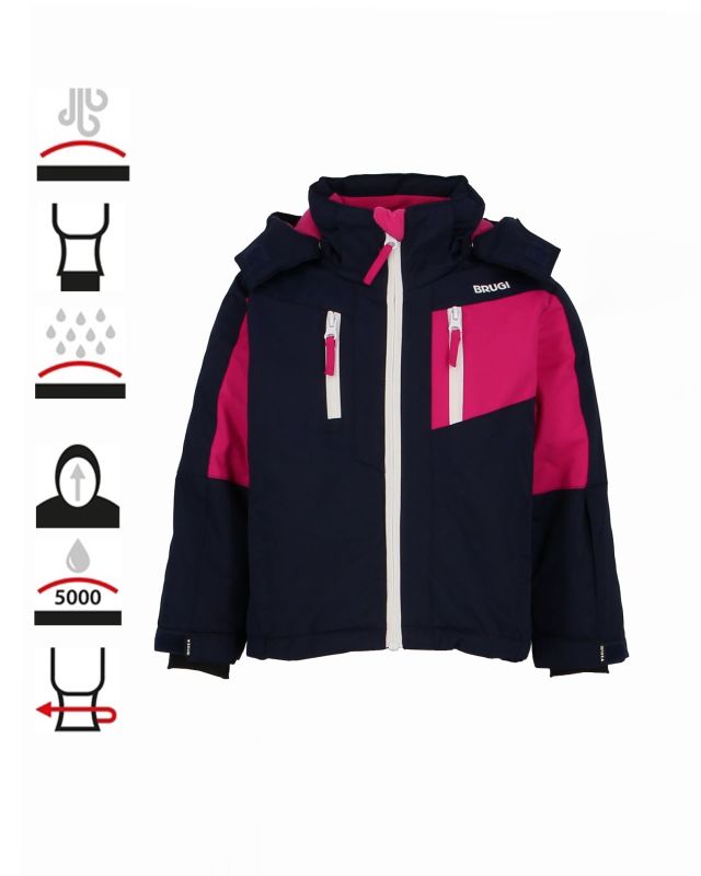 BRUGI - GIACCA DA SCI BAMBINA BLU E FUCSIA IMPERMEABILE E ANTIVENTO CON CAPPUCCIO