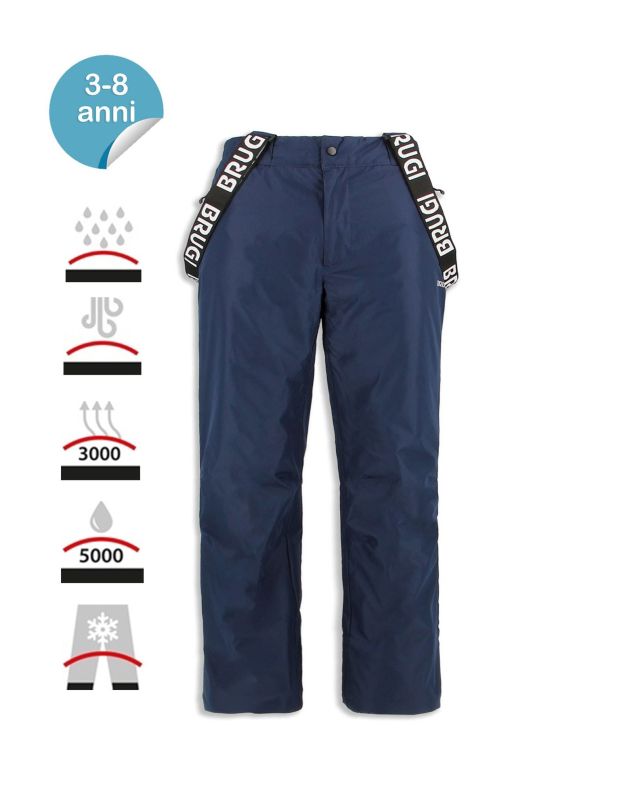 BRUGI - Pantalone da sci bambino blu impermeabile traspirante antivento con bretelle regolabili
