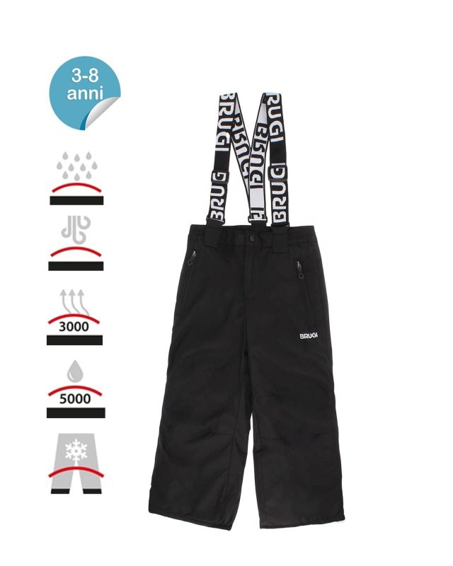 BRUGI - Pantalone da sci bambino nero impermeabile traspirante antivento con bretelle regolabili