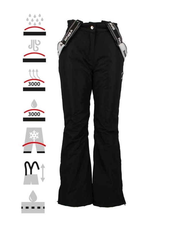 BRUGI - Pantalone da sci donna nero impermeabile traspirante antivento con bretelle regolabili