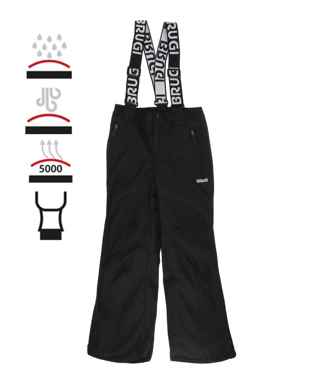 BRUGI - Pantalone da sci donna nero impermeabile traspirante idrorepellente antivento con bretelle regolabili