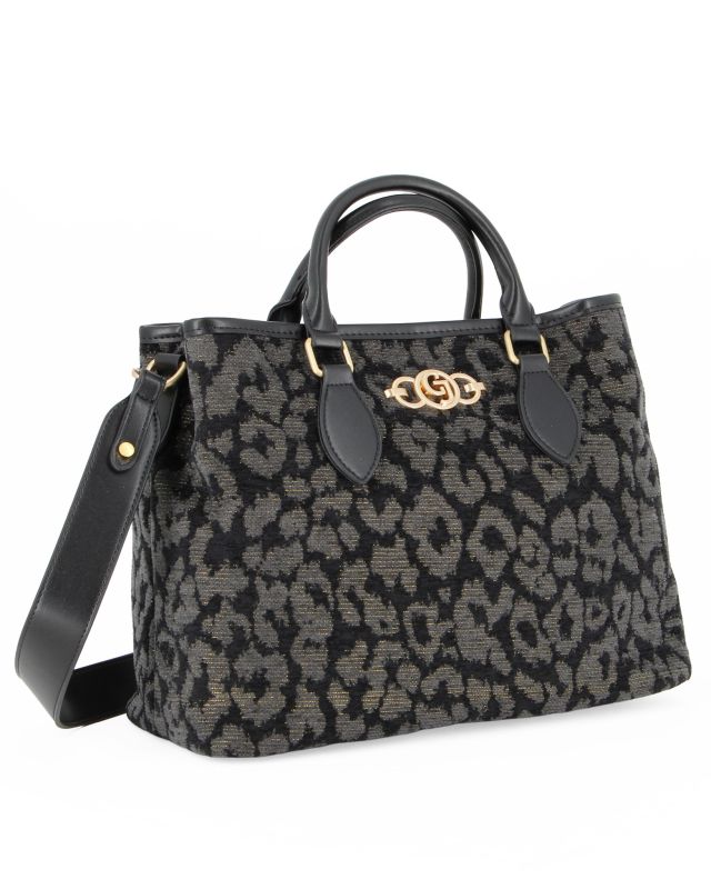 CARRERA - Borsa  due manici nera leopardata con logo frontale, tracolla removibile