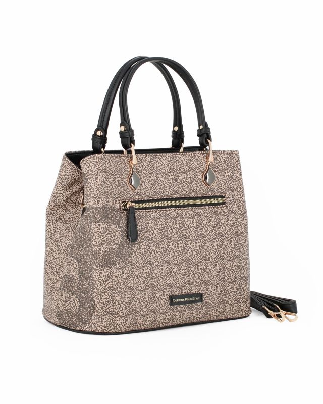 CORTINA POLO STYLE - Borsa due manici taupe con tasca frontale e stampa logo, tracolla removibile