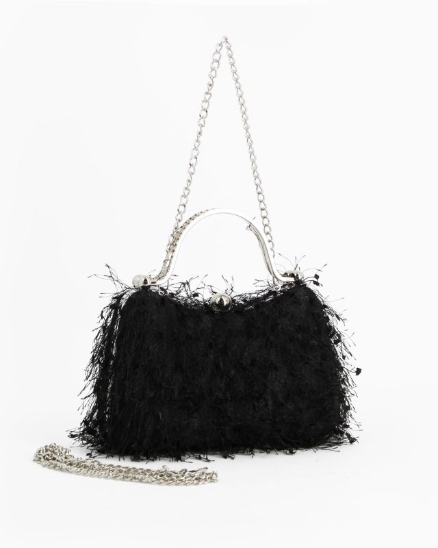 DIVAS - Clutch nera con piume e manici in strass, tracolla removibile