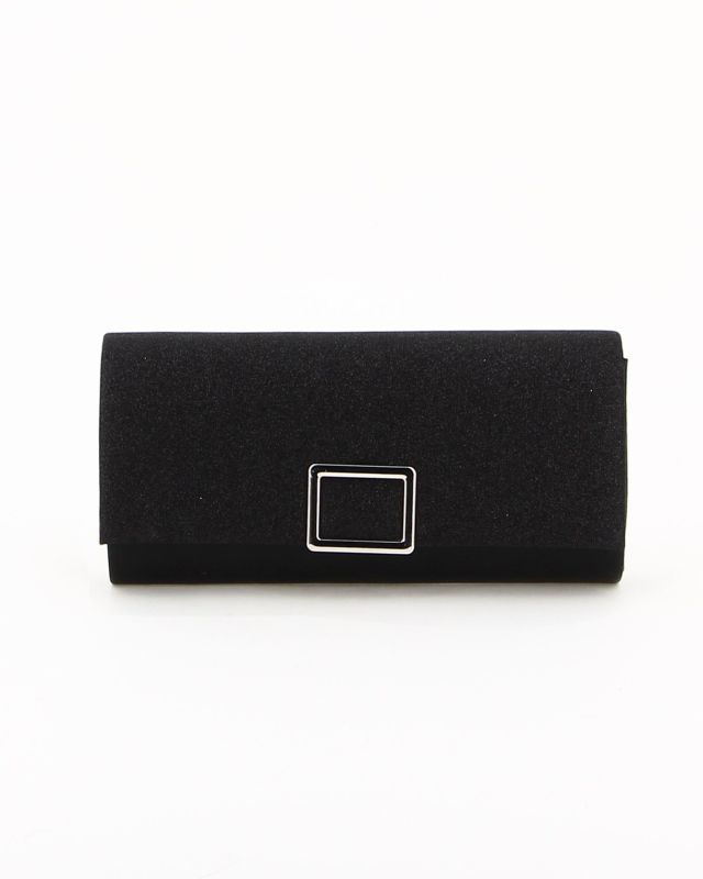 DIVAS - Pochette nera con patta glitterata e accessorio rettangolare in metallo