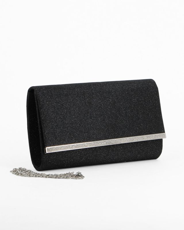 DIVAS - Pochette nera glitterata con filo di strass sulla patta, tracolla removibile