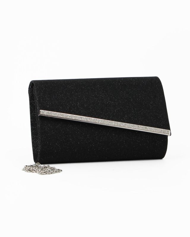 DIVAS - Pochette nera in lurex con filo di strass sulla patta, tracolla removibile