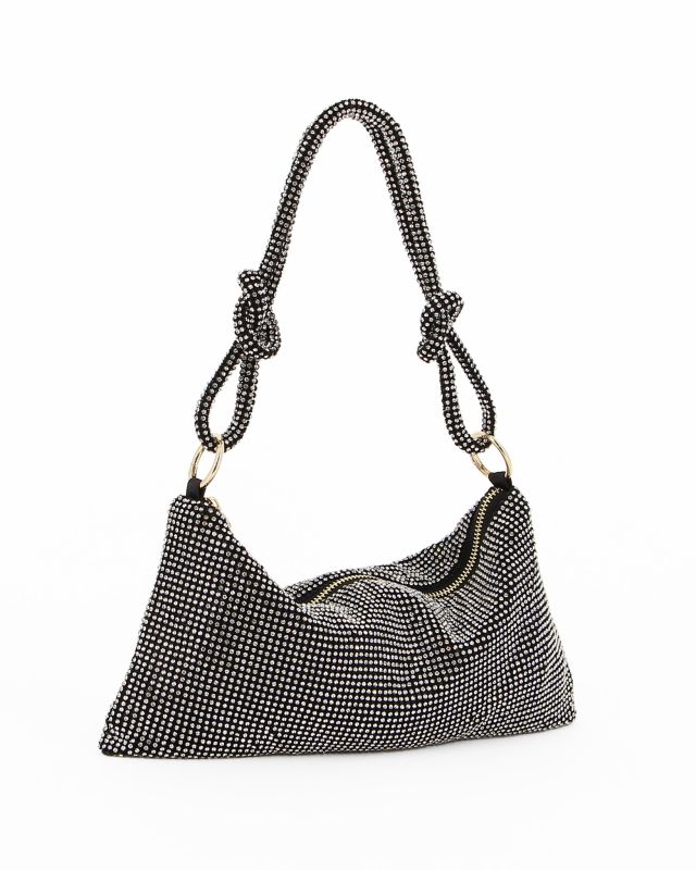 DIVAS - Pochette nera rivestita di strass con nodi sul manico