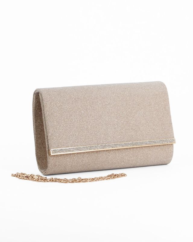 DIVAS - Pochette oro glitterata con filo di strass sulla patta, tracolla removibile