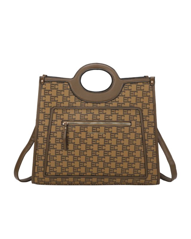 ENRICO COVERI - Borsa a mano taupe loggata con tasca frontale e posteriore, tracolla removibile