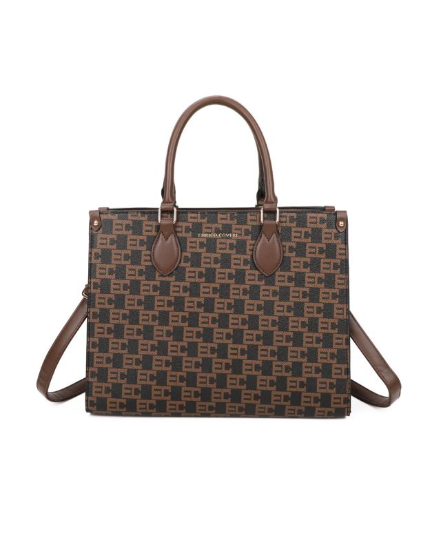 ENRICO COVERI - Borsa due manici loggata nera/cuoio con tracolla removibile