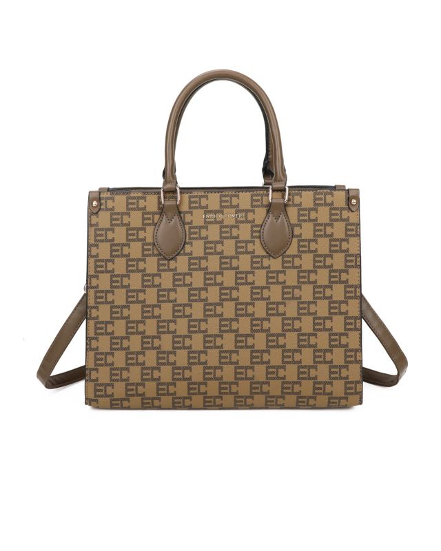 ENRICO COVERI - Borsa due manici loggata taupe con tracolla removibile