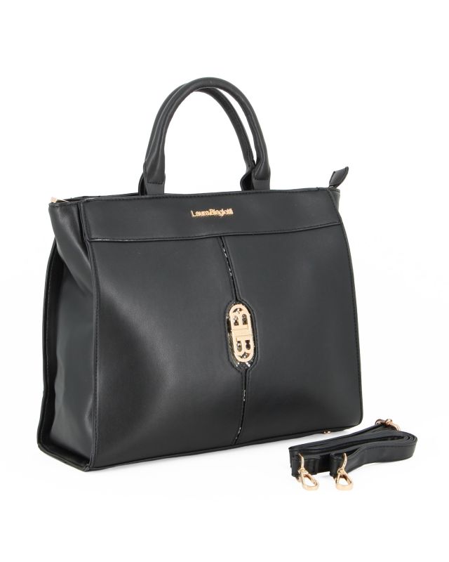 LAURA BIAGIOTTI - Borsa a due manici nera con logo frontale, tracolla removibile