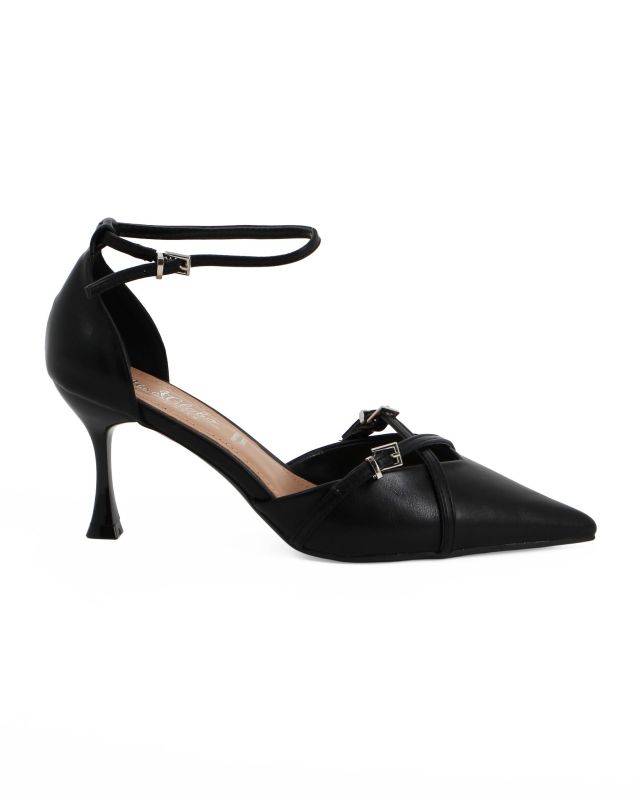 MISS GLOBO - Décolleté nera con sottopiede in VERA PELLE memory foam e cinturini incrociati sulla punta, tacco 7,5CM