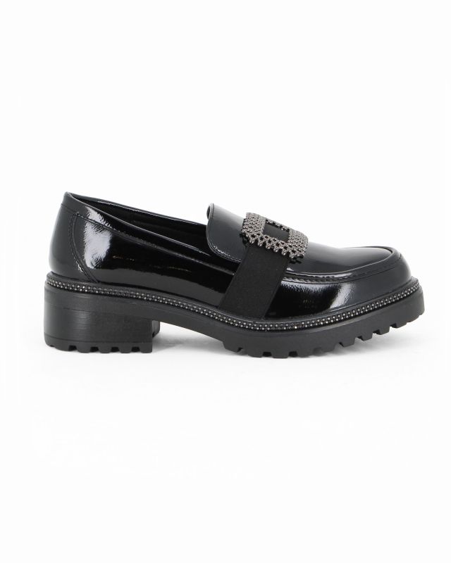 MISS GLOBO - Mocassino nero naplak con sottopiede memory soft e fascia elastica frontale con inserto metallico