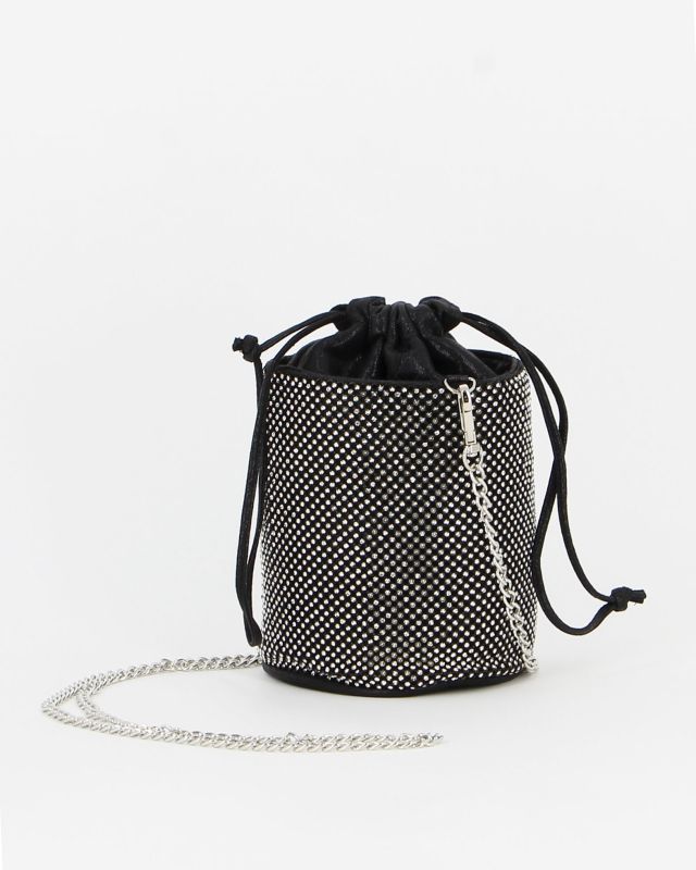 MISS GLOBO - Pochette secchiello nera con strass e chiusura coulisse, tracolla catenina removibile