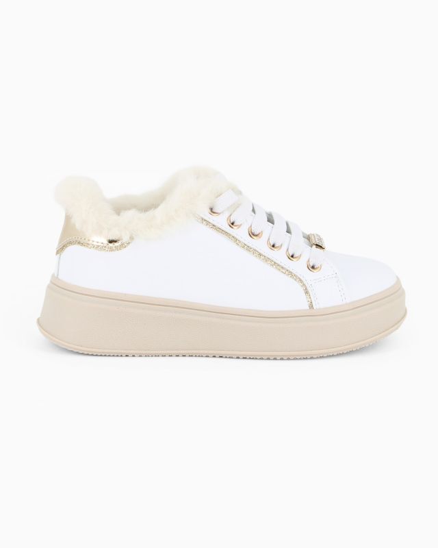 MISS GLOBO - Scarpa sneakers bianca da bambina con lacci e pelliccetta