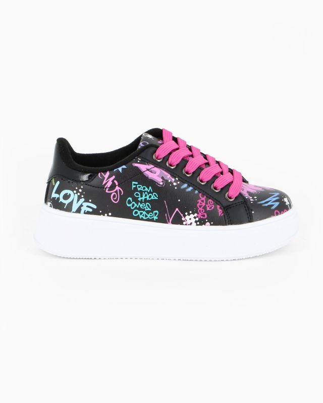 MISS GLOBO - Scarpa sneakers nera da bambina con lacci fucsia