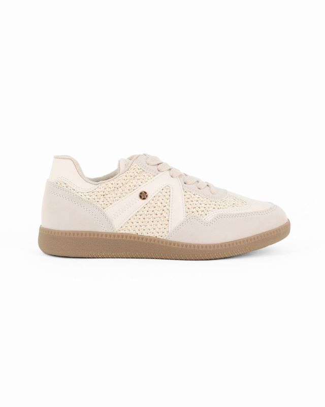 MISS GLOBO - Sneakers beige con lacci e inserti intrecciati effetto paglia