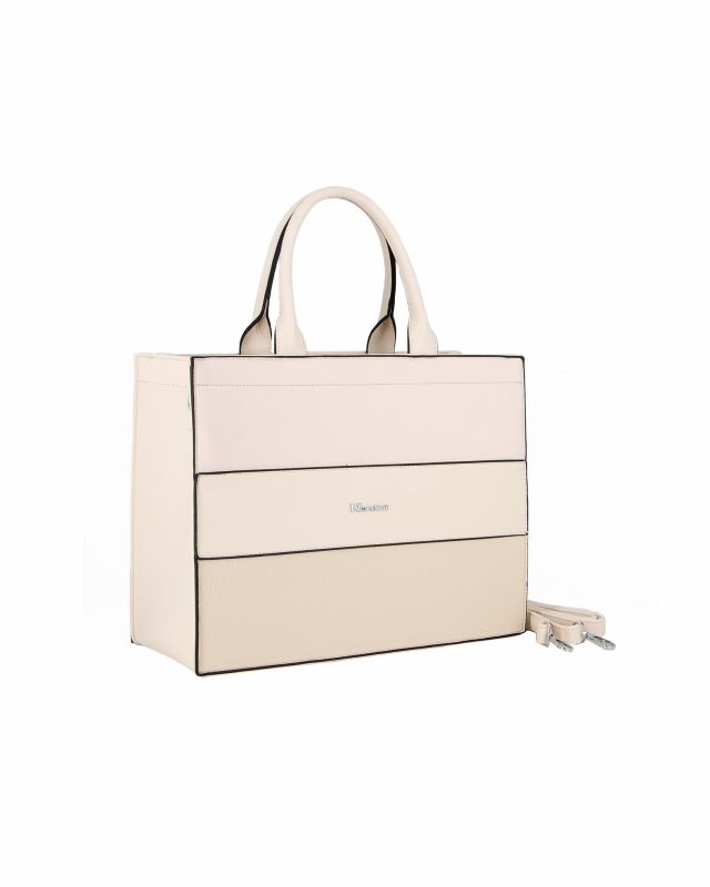 NARDINI - Borsa media due manici beige con fasce frontali lavorate, tracolla removibile