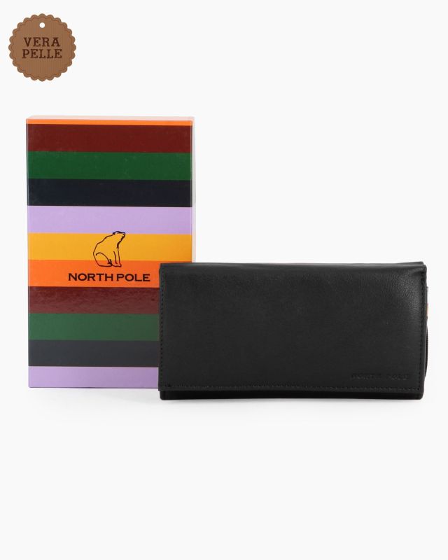 NORTH POLE - Portafoglio nero in VERA PELLE da donna con patta e tasca posteriore