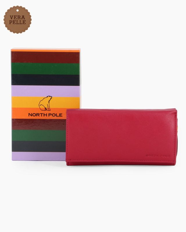 NORTH POLE - Portafoglio rosso in VERA PELLE da donna con patta e tasca posteriore