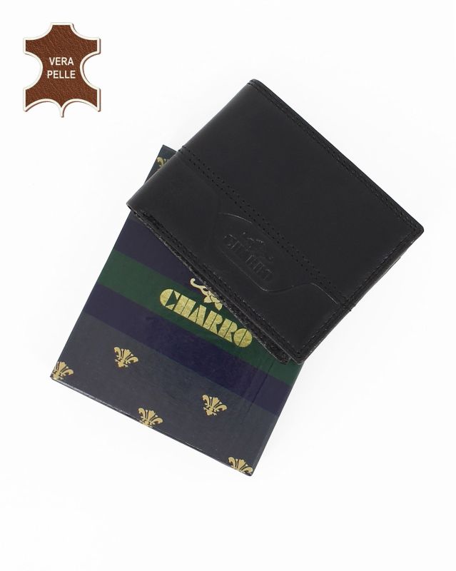 Portafoglio uomo nero  con incisione logo frontale, in VERA PELLE - CHARRO