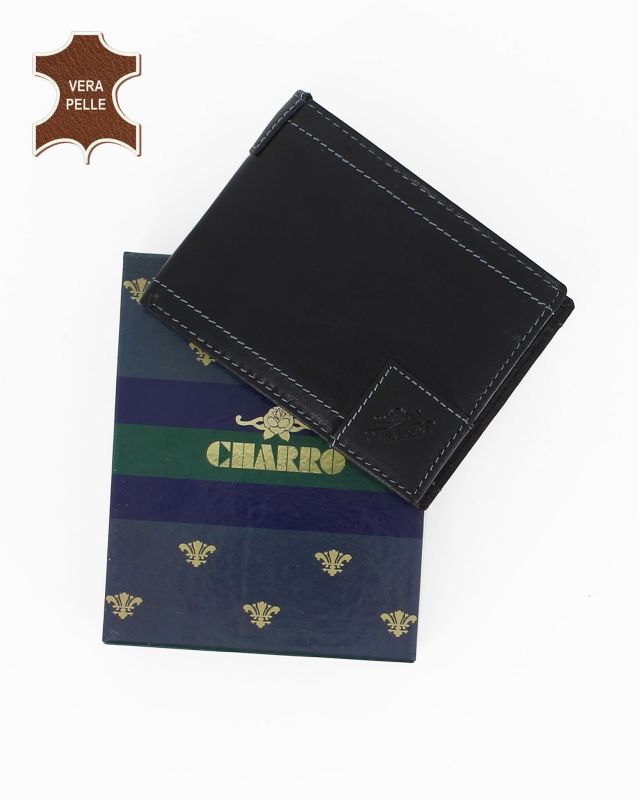 Portafoglio uomo nero con incisione logo frontale, in VERA PELLE - CHARRO