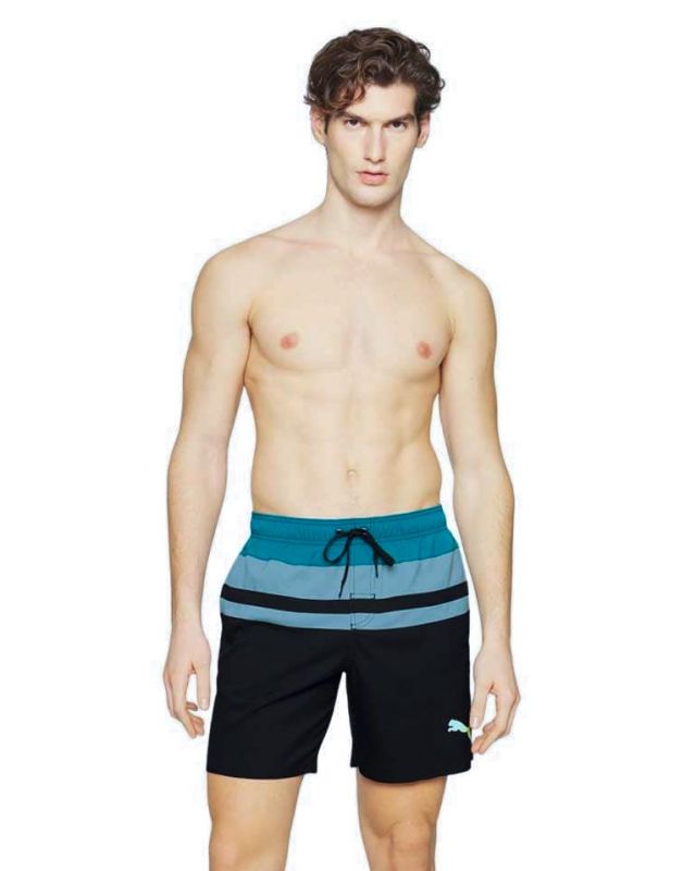 PUMA - Costume da bagno pantaloncino lunghezza media nero con dettagli verde chiaro e logo giallo fluo