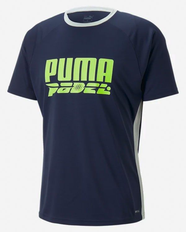 PUMA - T shirt da padel uomo blu e bianca in tessuto traspirante con logo giallo fluo