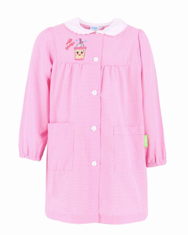 SIGGI - Grembiule asilo rosa a quadretti da bimba con due tasche frontali e graffetta in omaggio, certificazione OEKO TEX
