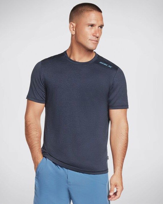 SKECHERS - T shirt girocollo da uomo blu in tessuto traspirante