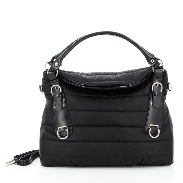 TATOO - Borsa due manici nera piumino con fibbie frontali e tracolla removibile, MADE IN ITALY
