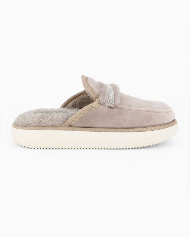 TIGLIO RAMBLAS - Pantofola beige da donna con pelliccia interna e cinturino con strass