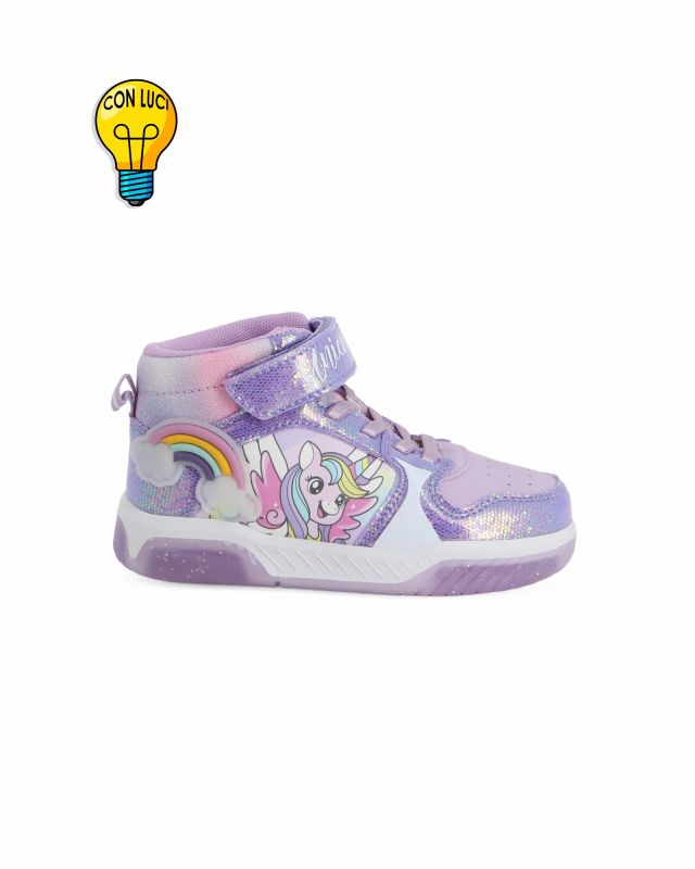 UNICORNO  - Sneakers alta lilla da bambina con luci e strappo
