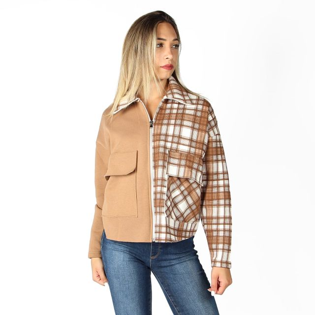 MY JEWELS - CAMICIA SCOZZESE BEIGE CON ZIP E TASCHE