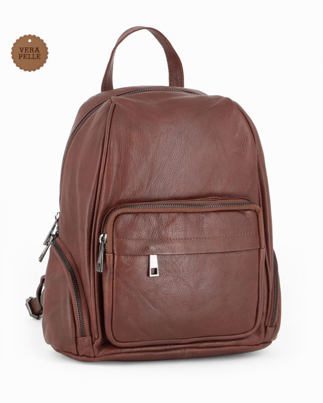 ALEX&CO - Zaino marrone in VERA PELLE con tasche frontali e laterali