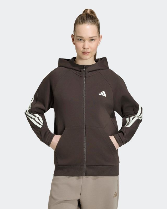 ADIDAS - FELPA CON CAPPUCCIO  FULL ZIP  3S FT FZ HD MARRONE SCURO DA DONNA, KY7045