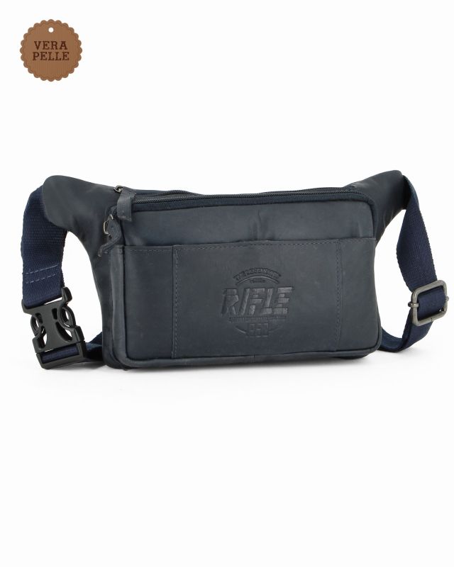 RIFLE - Marsupio blu da uomo in VERA PELLE con doppia tasca frontale