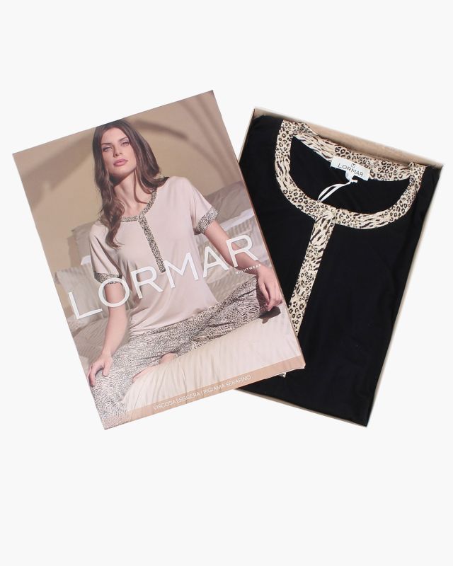 LORMAR - PIGIAMA NERO MACULATO MEZZA MANICA DA DONNA IN VISCOSA LEGGERA