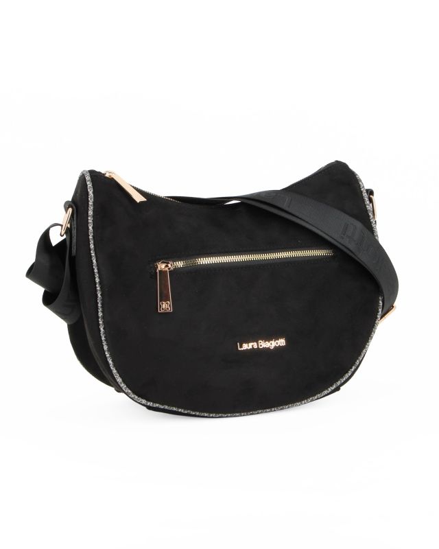 LAURA BIAGIOTTI - Borsa mezzaluna scamosciata nera, con tracolla e tasca posteriore e frontale