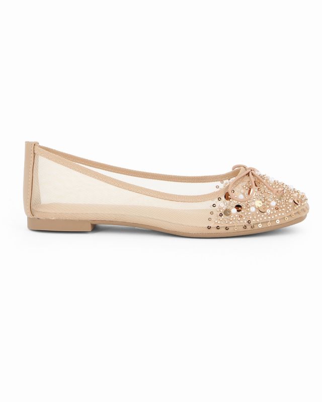 MY JEWELS - Ballerina beige a rete con fiocco e strass