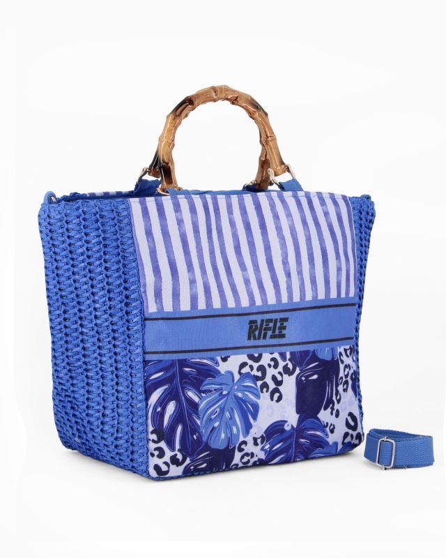 RIFLE - Borsa mare in paglia blu con manici in bamboo, tracolla removibile